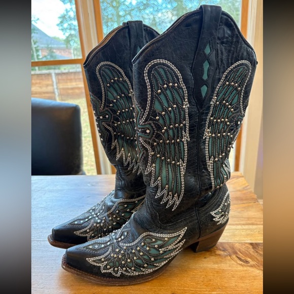 Corral A1048 Black Turquoise Wing Cross Studded Snip Toe Cowgirl Boots 9.5M - Picture 7 of 14
